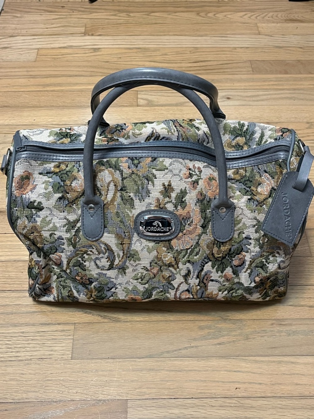 Vintage 80s Jordache Floral Tapestry Travel Weekender in Gray and Green